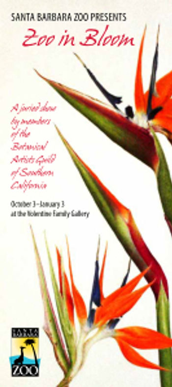 Front of "Zoo in Bloom" invitation postcard, with artwork by Lori Vreeke.