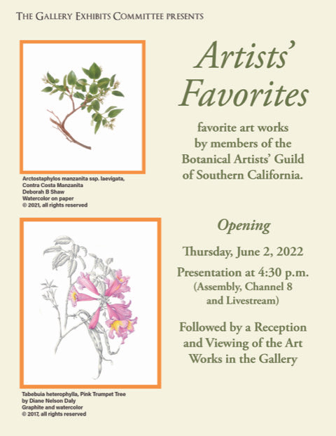 Poster for the BAGSC Exhibition, "Artists' Favorites: An Exhibition at Mt. San Antonio Gardens". Poster produced by the Gallery Exhibits Committee, Mt. San Antonio Gardens.