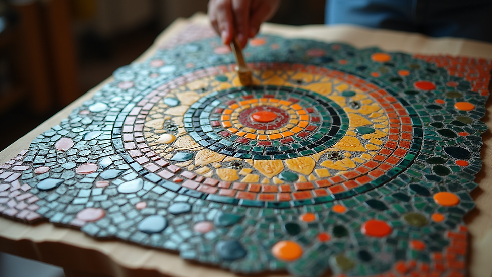 High angle view of a mosaic artwork being assembled