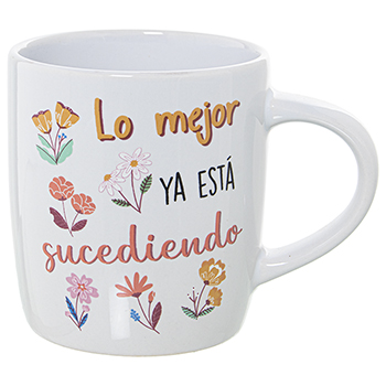 Mug de Cerámica decorado.  Yoga Mandala " Lo mejor ya está sucediendo". 375 ml. 