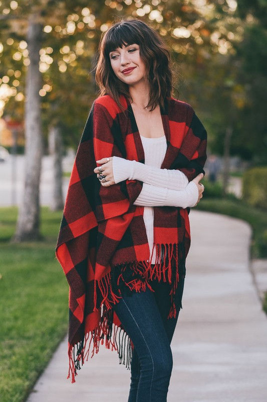 Thumbnail: Buffalo Check Tassel Poncho- Red & Black