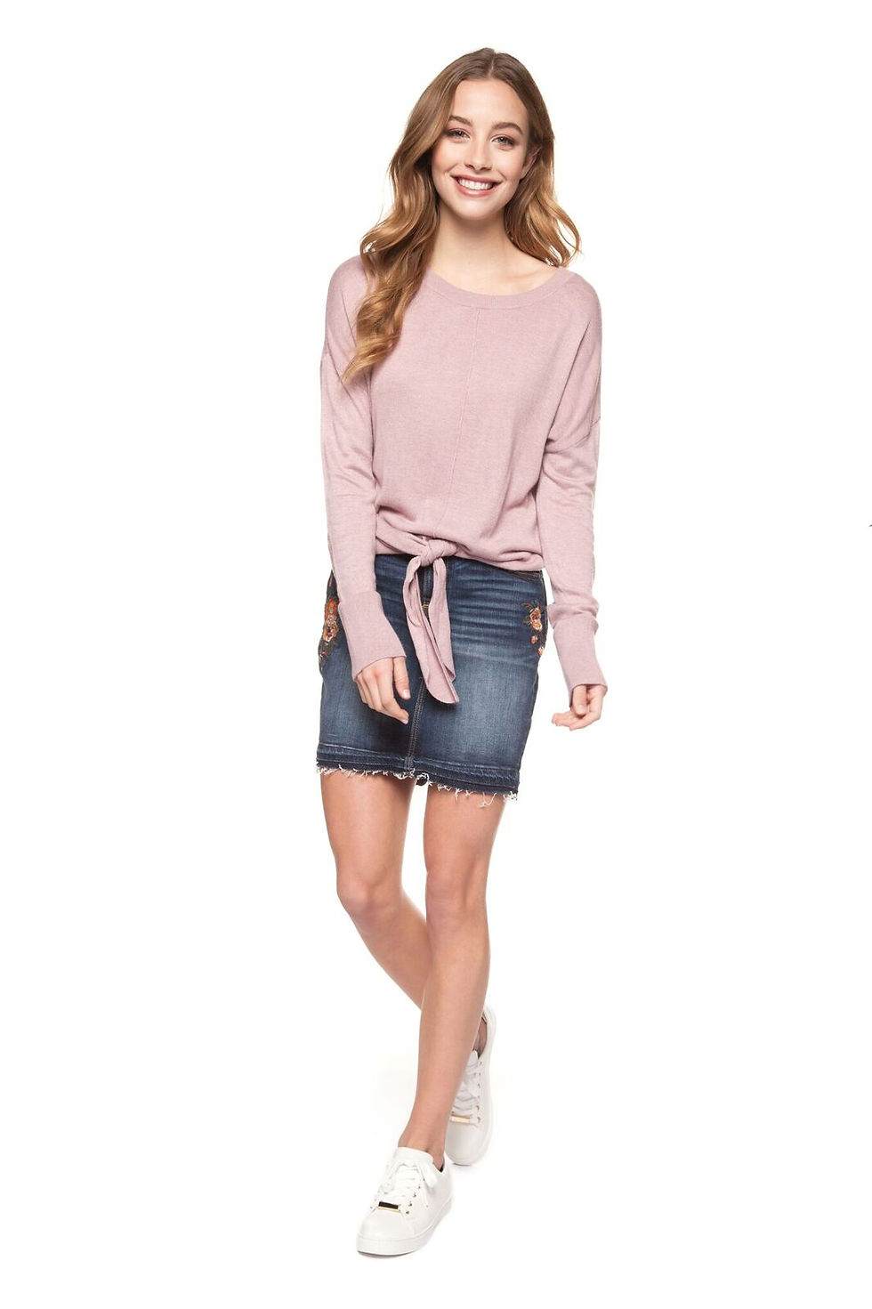 Thumbnail: Dex Scoop-Neck Sweater w/ Front Knot - Dusty Pink Heather | 1227124