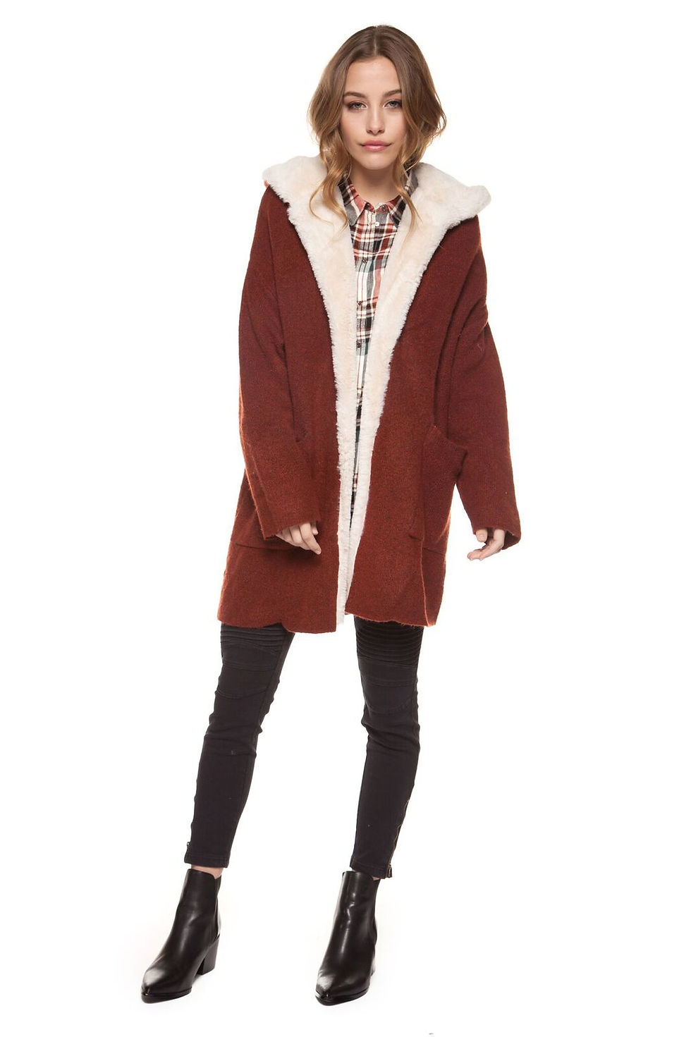 Thumbnail: Dex Hooded Fur Cardigan- Rust-Black | 1227261