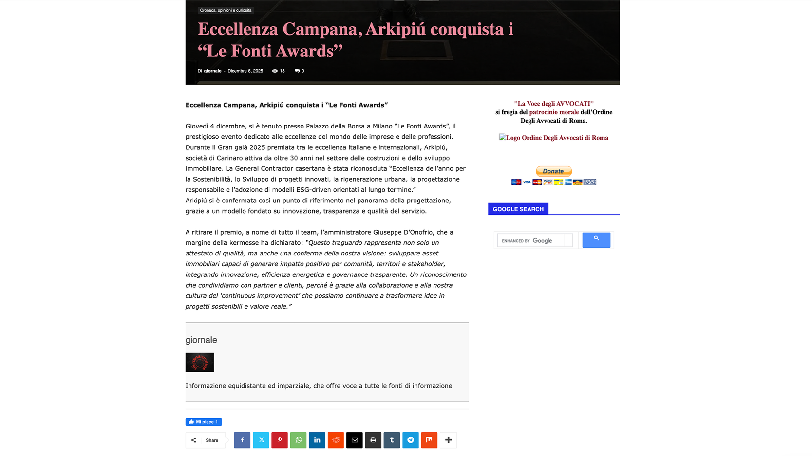 Eccellenza Campana, Arkipiú conquista i “Le Fonti Awards”