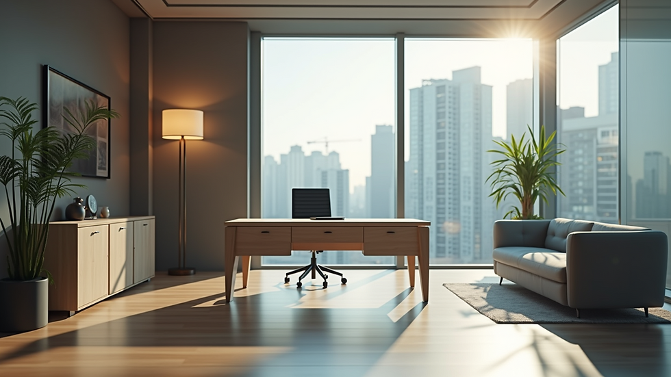 Eye-level view of a modern office space with a sleek desk and stylish decor