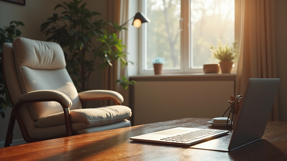 Close-up view of a cozy home office with a comfortable chair and a laptop