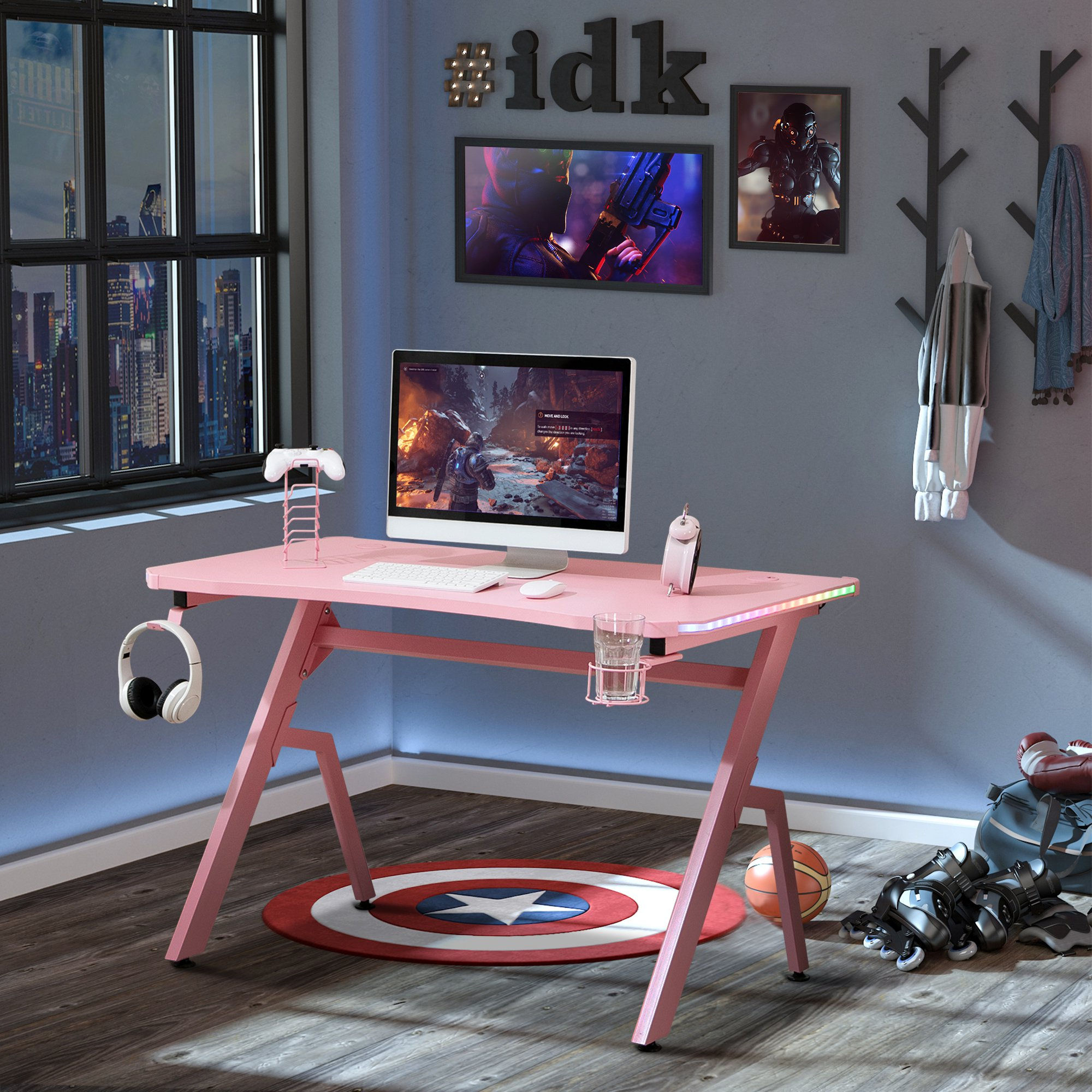 LED Gaming / Computer Desk, Cup Holder Cable Management, Pink