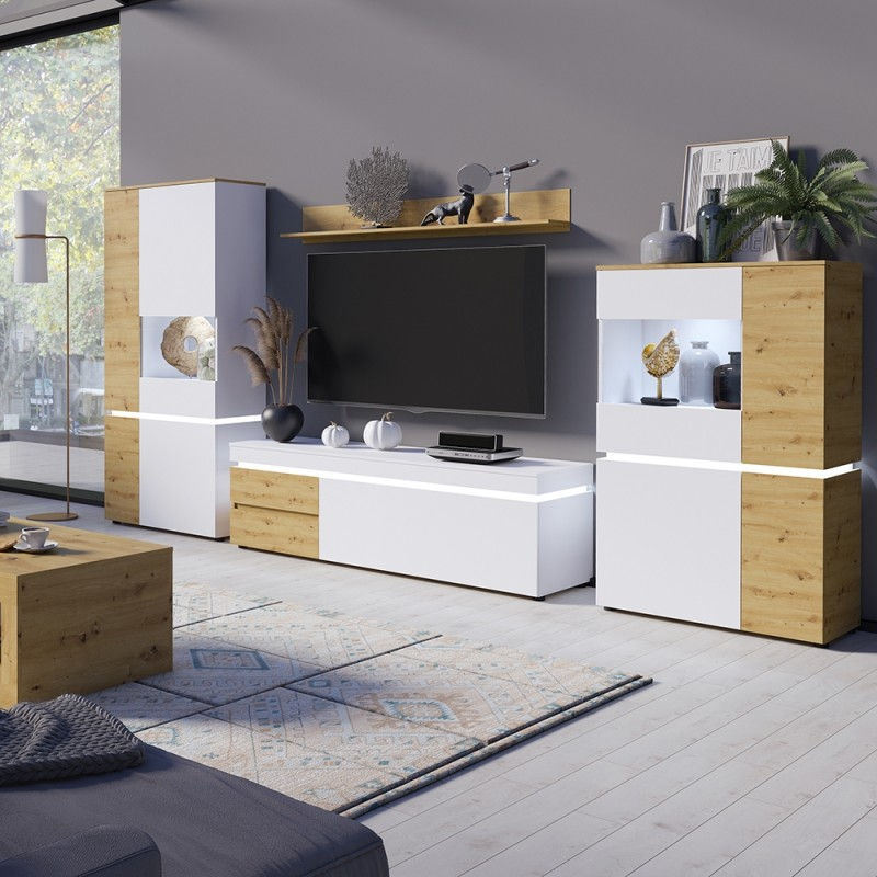 Thumbnail: Luci 1 door 2 drawer 150 cm TV unit (including LED lighting) in White and Oak