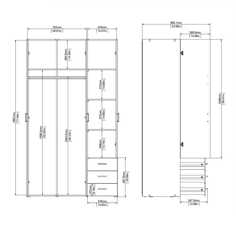 Thumbnail: Space Wardrobe - 3 Doors 3 Drawers in Oak 2000