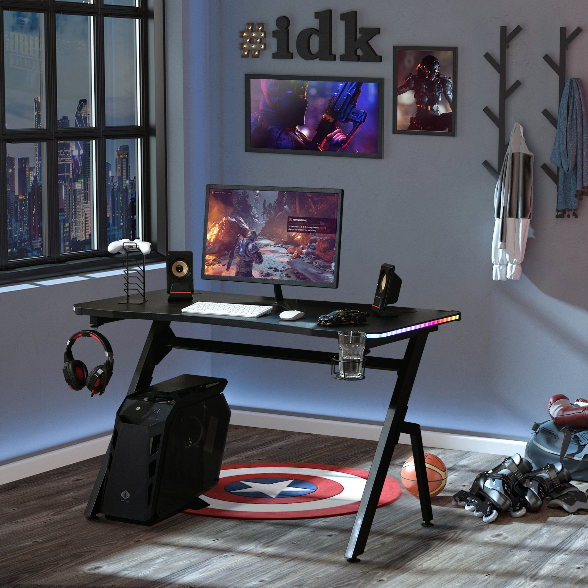 LED Gaming / Computer Desk, Cup Holder Cable Management, Black