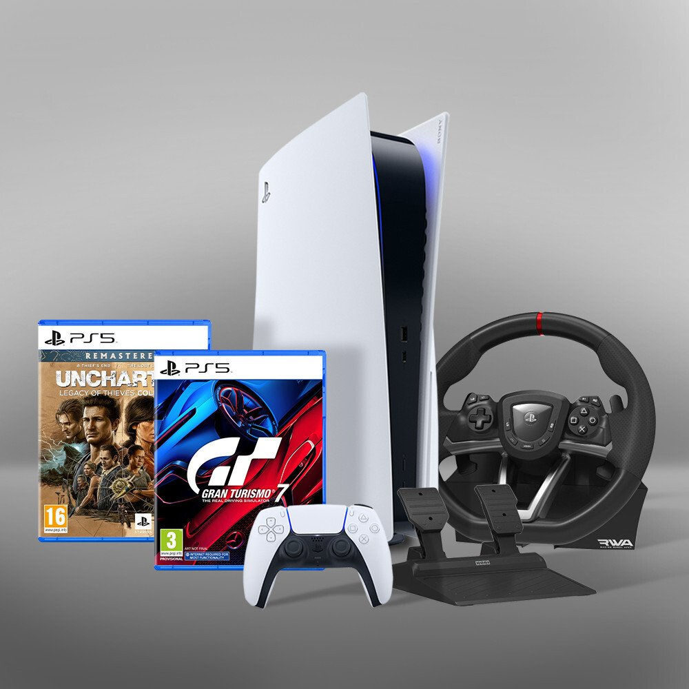 PlayStation 5 PS5 Disc Console + PS5 Gran Turismo 7 + Racing Wheel + Uncharted