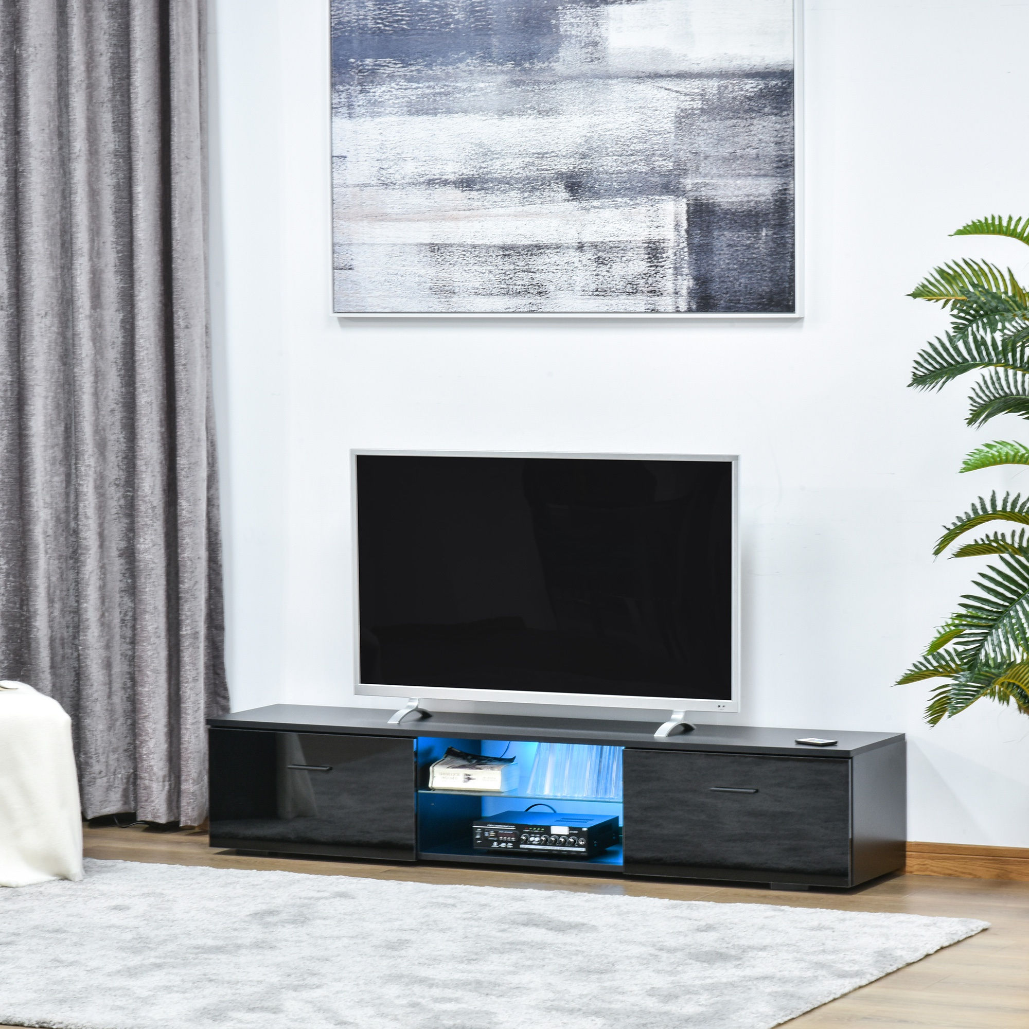 TV Stand Cabinet High Gloss Door W/ LED RGB Lights, Remote Control Storage Black