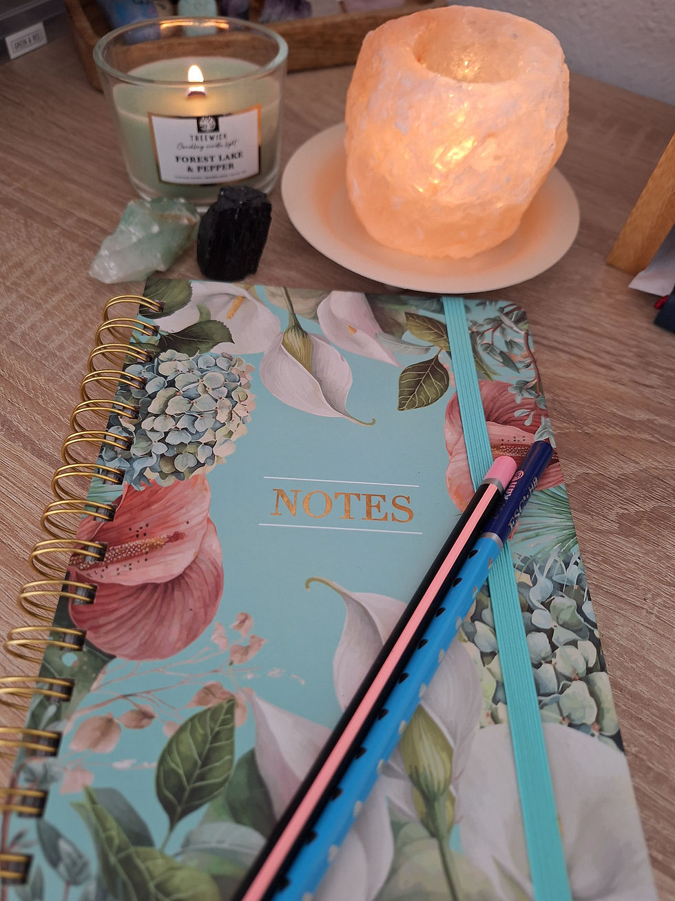 My current notebook, favourite candles and crystals for this moment in time.