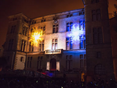 Effets lumineux et projections dynamiques sur le château, où la luciole mène les spectateurs dans une aventure pour rétablir le temps.