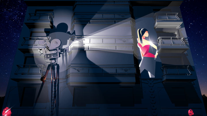 Un projecteur de cinéma illumine la façade, recréant une scène cinématographique en hommage à la Croisette et au Festival de Cannes. Une silhouette féminine est mise en lumière, capturant l’essence glamour et emblématique de cet événement cinématographique.