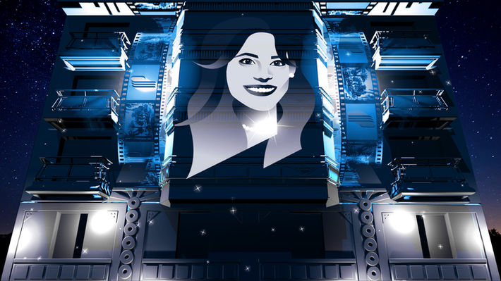 Un portrait géant en noir et blanc est projeté sur la façade, rappelant l’univers du cinéma et des stars qui défilent à Cannes. Ce visuel met en avant le glamour et l’élégance du Festival de Cannes, en écho à l’histoire du casino.