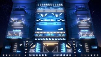 Des motifs géométriques stylisés illuminent la façade, créant une ambiance futuriste et moderne. Les formes et les lignes accentuent les reliefs du bâtiment, offrant une profondeur et une dynamique visuelle saisissante.