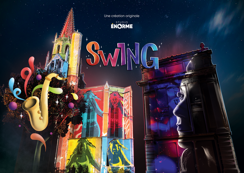 Affiche du spectacle "Swing" conçu par Studio Énorme, avec des éléments visuels colorés comme des instruments de musique et des personnages dynamiques projetés sur des bâtiments de la Place Carnot. Ce spectacle lumineux et musical a apporté une touche de gaieté et d'évasion au festival.