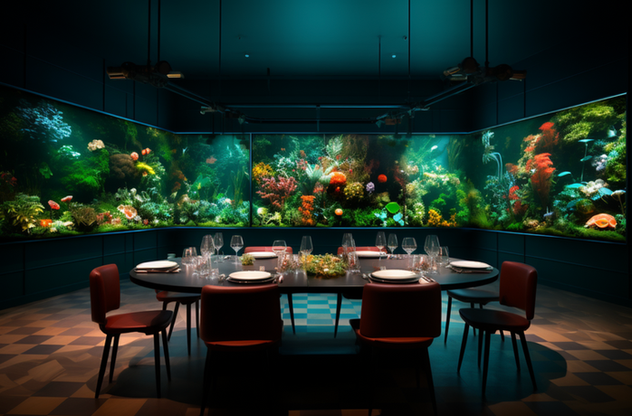 Restaurant immersif 360 degrés. Scénographie audiovisuelle et projection circulaire autour des convives pour une expérience culinaire et sensorielle inédite.