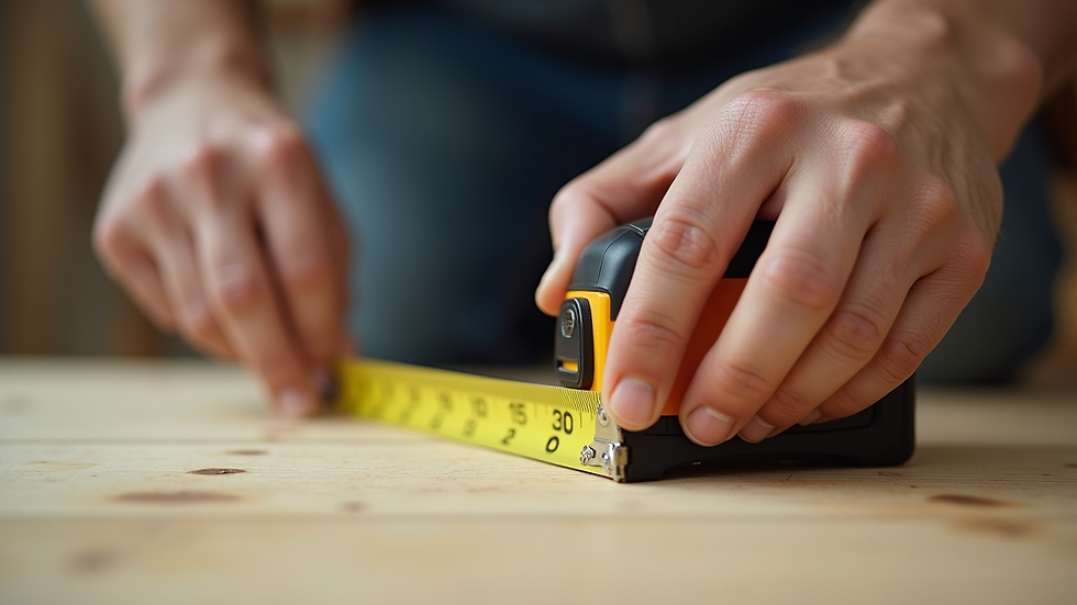 Close-up view of a handyman measuring a wooden plank with a tape measure