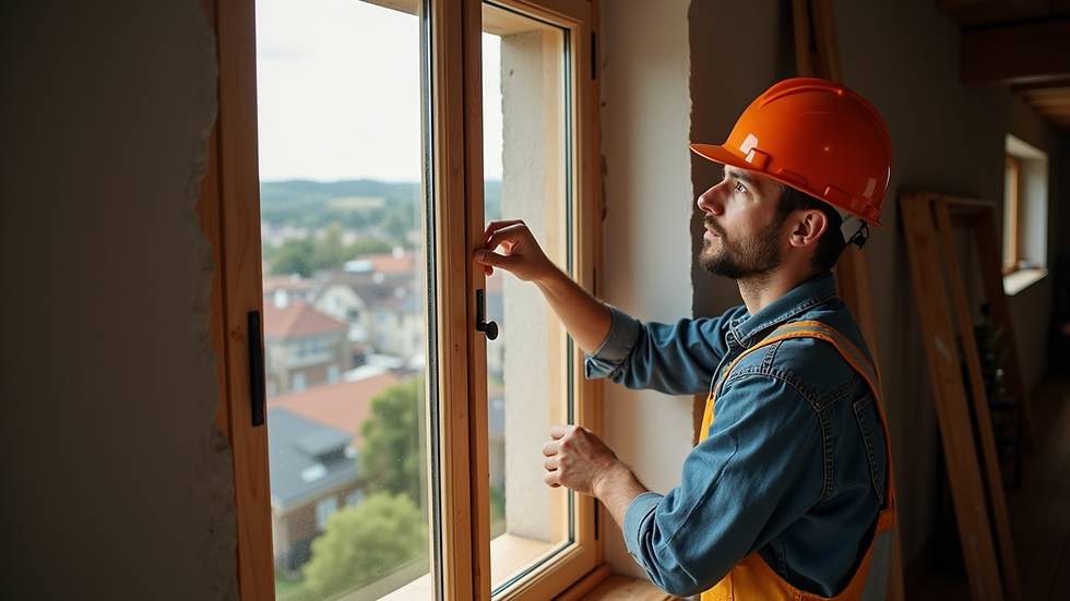 High angle view of a tradesperson repairing a wooden window frame