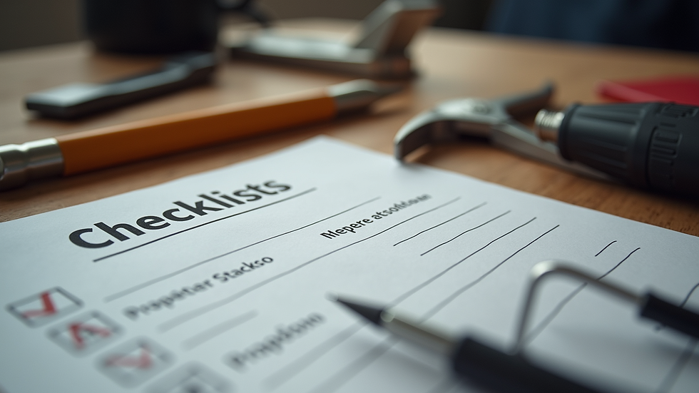 Close-up view of a maintenance checklist and tools on a wooden table