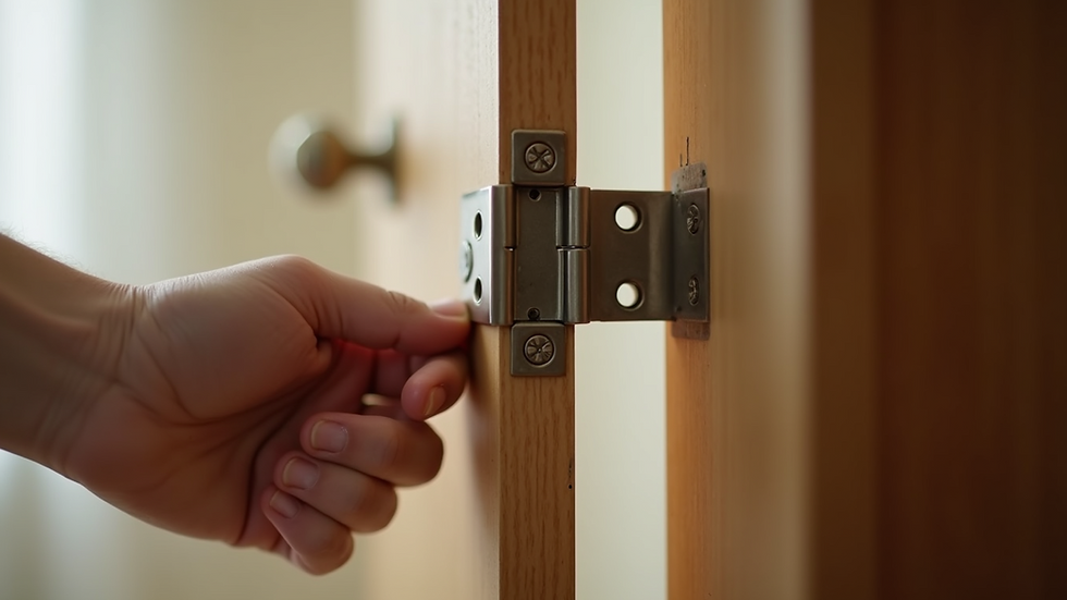 Close-up view of a door hinge being installed on a wooden door frame