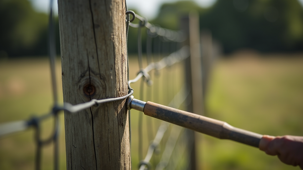 Close-up view of a leaning fence post being straightened