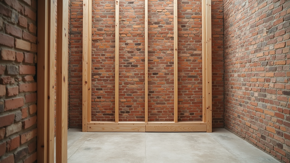Eye-level view of a completed timber frame attached to brick wall
