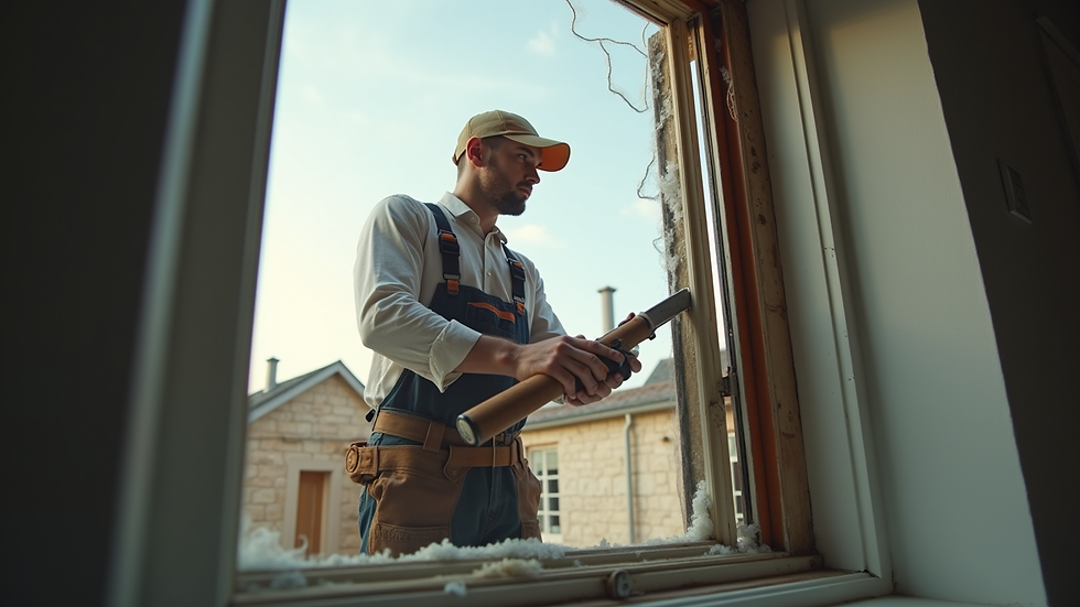 Eye-level view of a handyman repairing a broken window frame