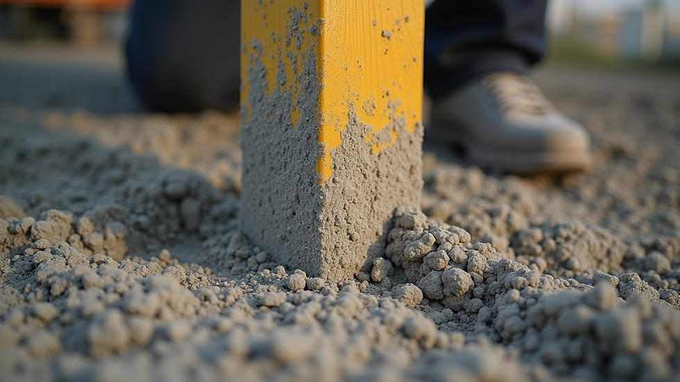 Close-up view of concrete being poured around a fence post base