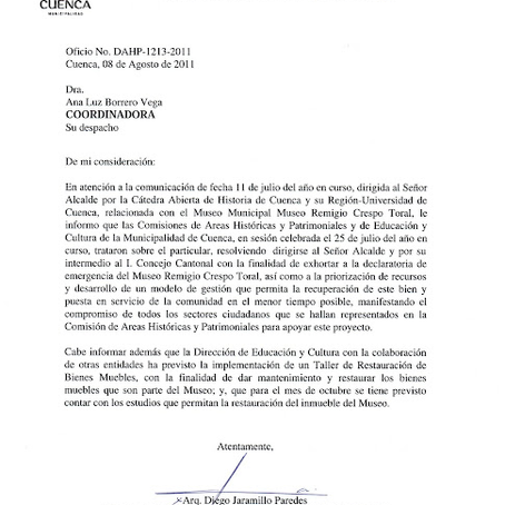 Carta del Director de Áreas Históricas y Patrimoniales