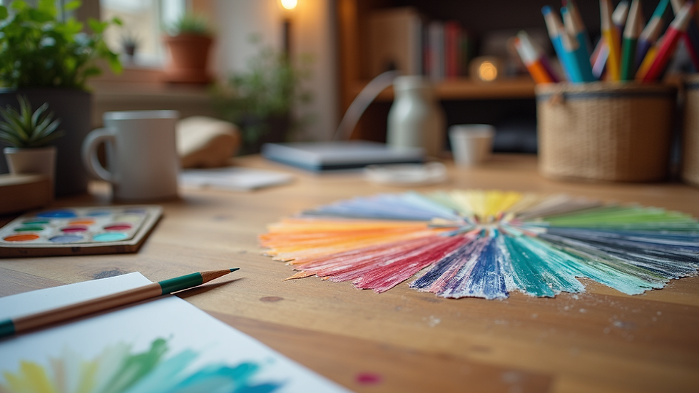 Eye-level view of colorful art supplies arranged neatly on a wooden table