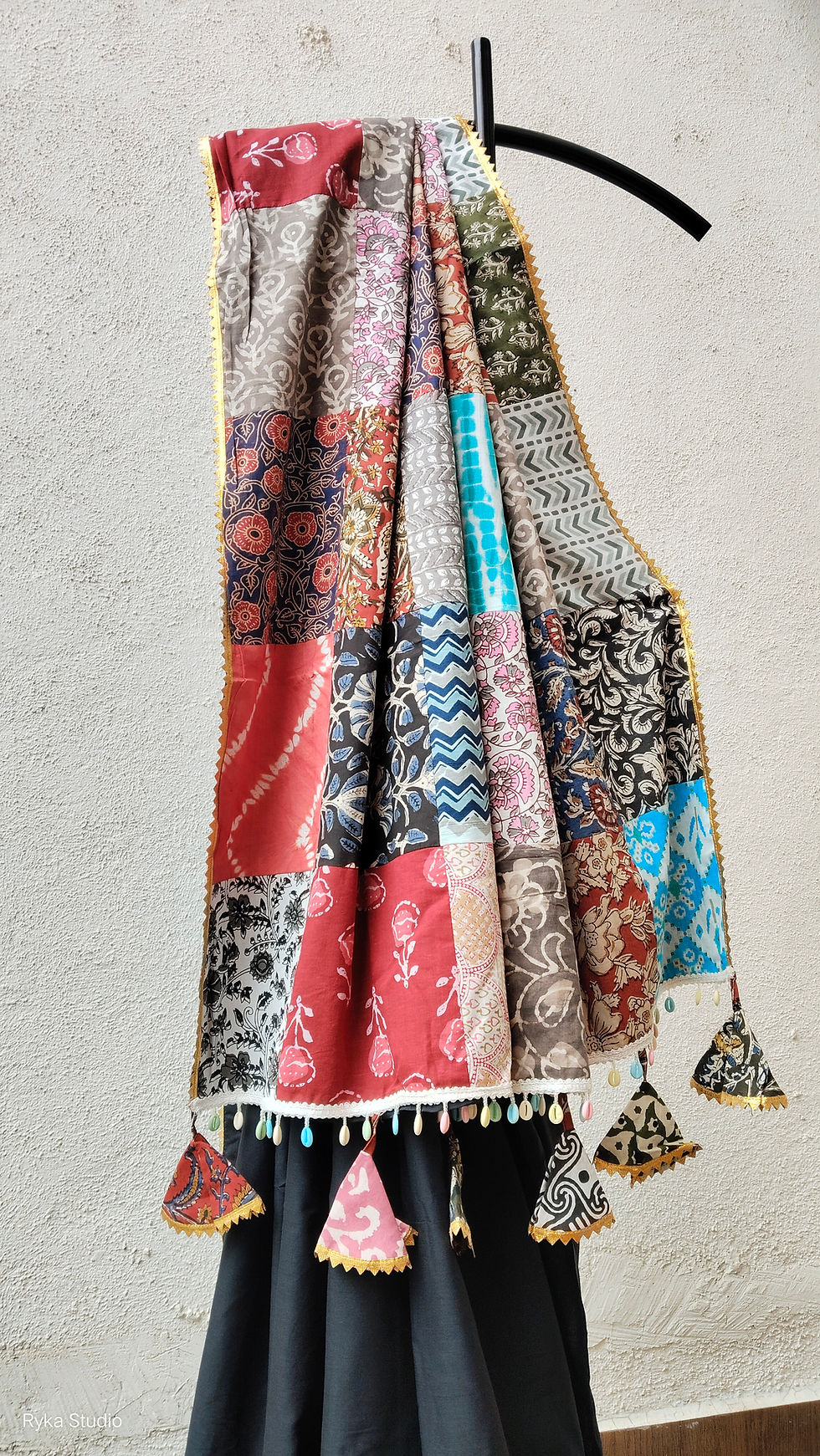 Thumbnail: Patchwork Applique Black Saree pallu