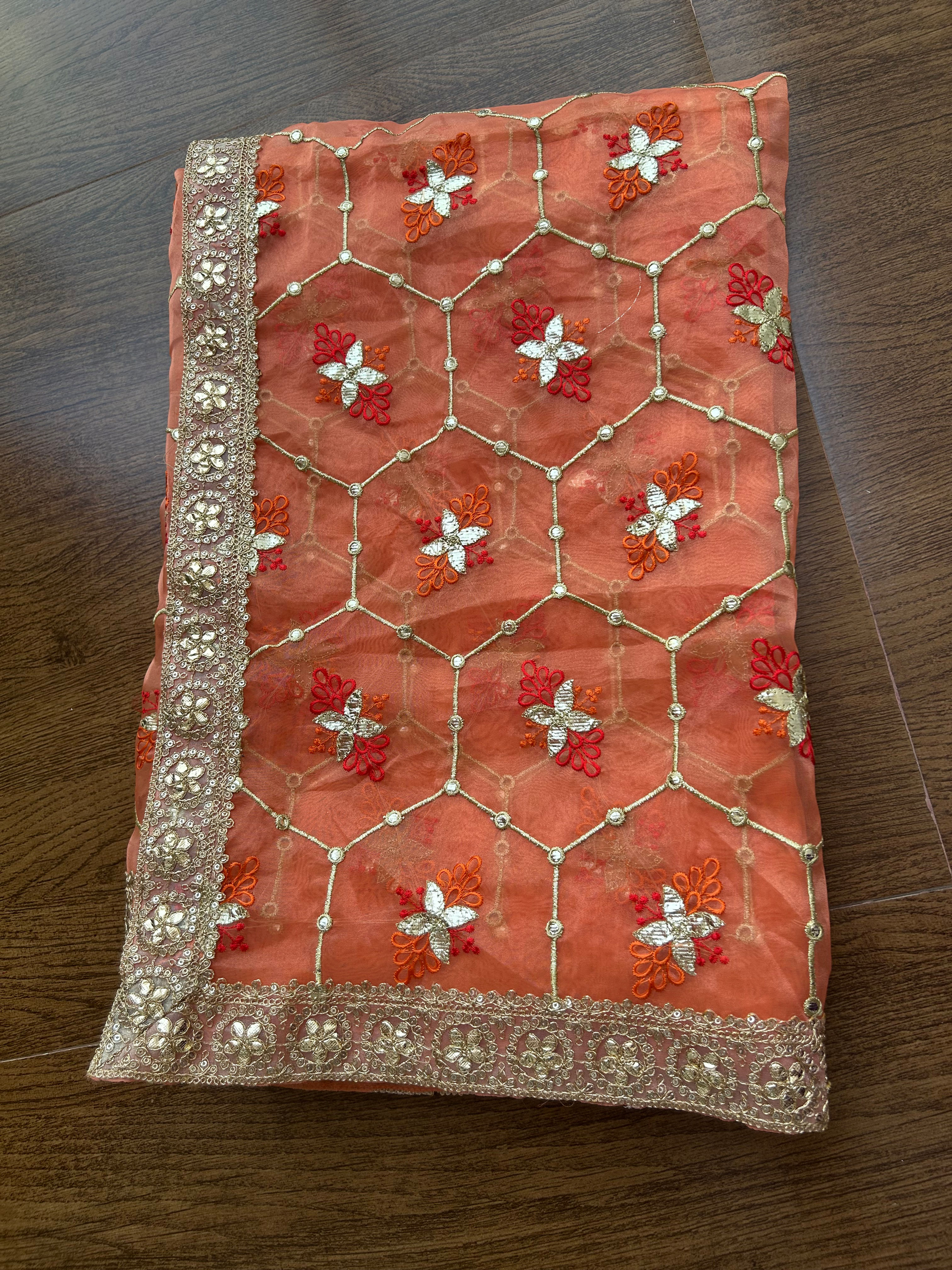 Orange Organza Saree with Gota Patti Border