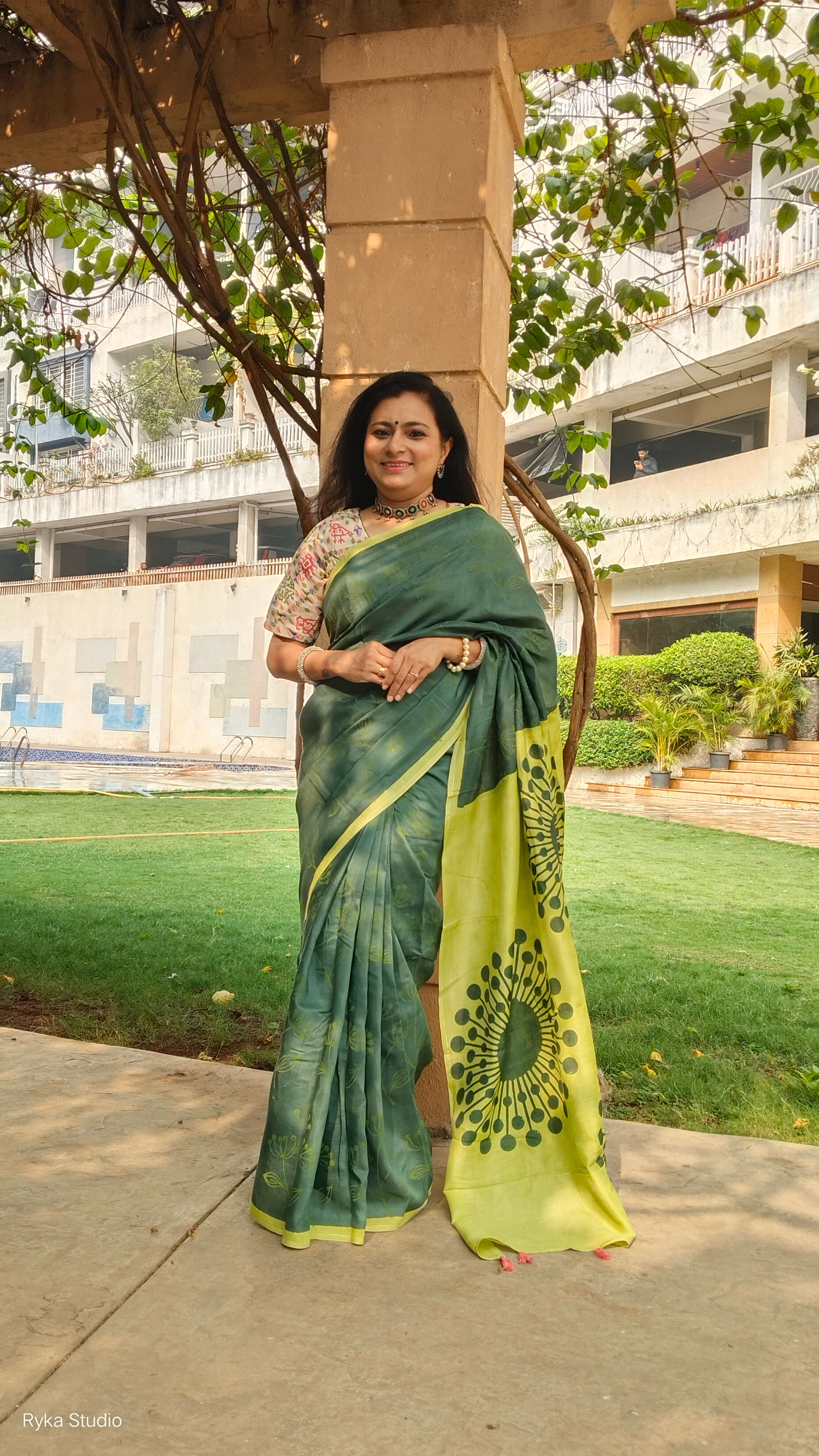 Green Modal Handblock Saree