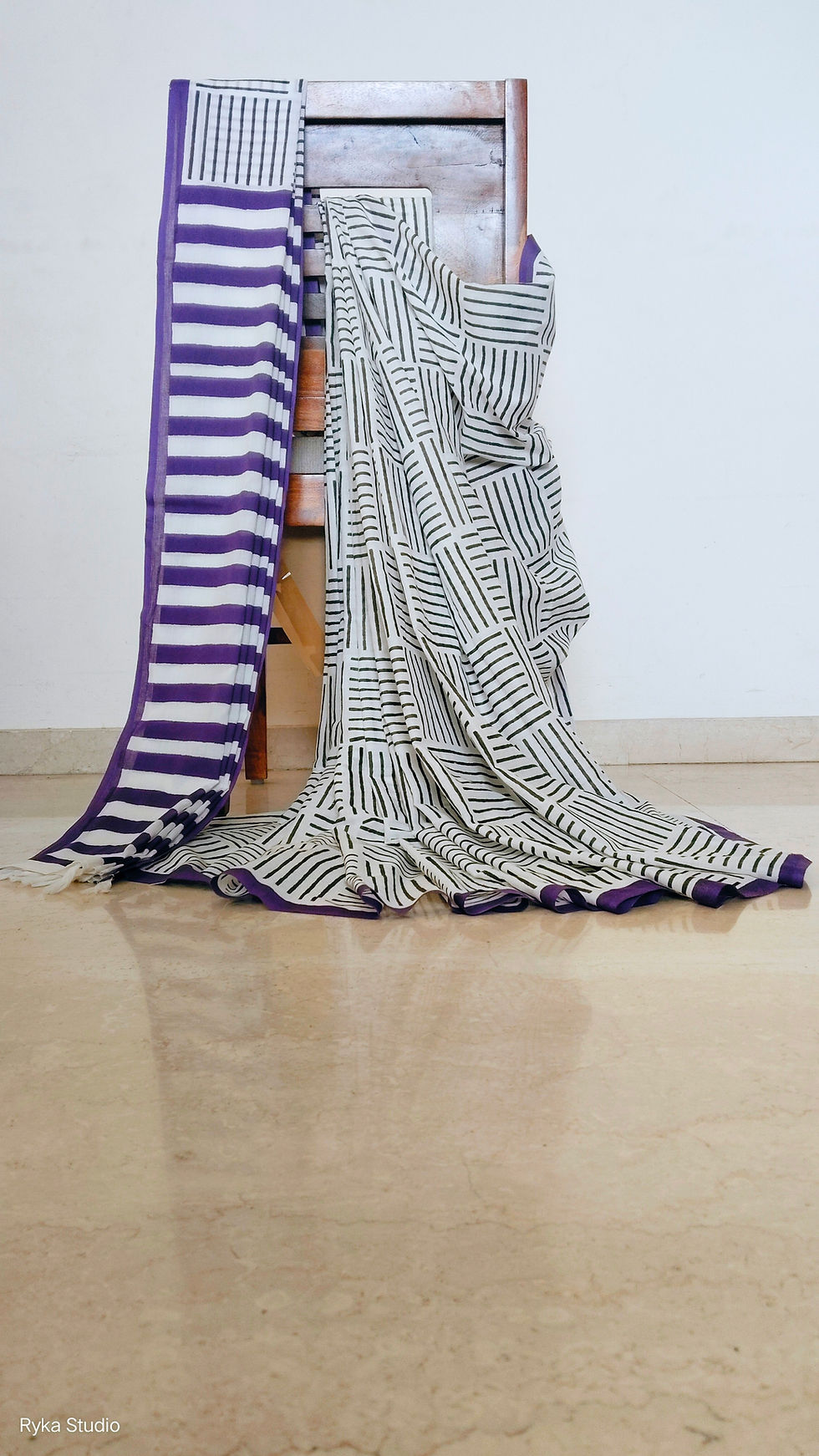 Thumbnail: Purple Handblock Print Mulmul Saree body