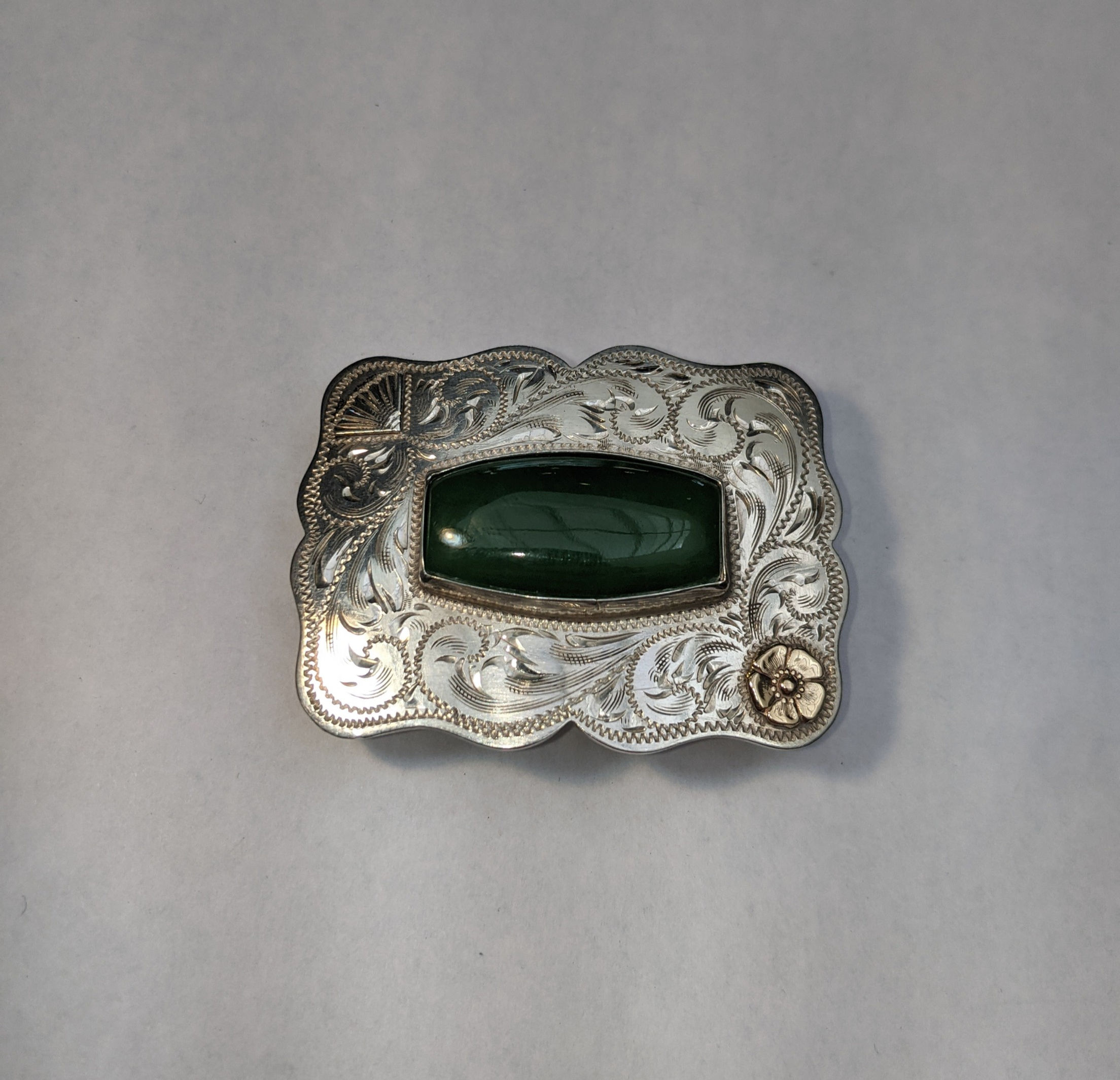 Sterling Silver/ 10k Yellow Gold Belt Buckle with Nephrite