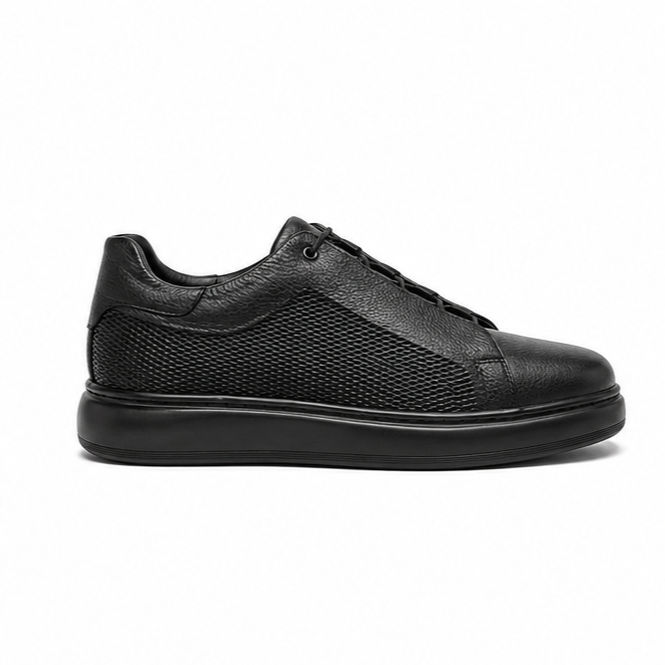 Thumbnail: All-Black Textured Leather Low-Top Sneaker with Covered Laces