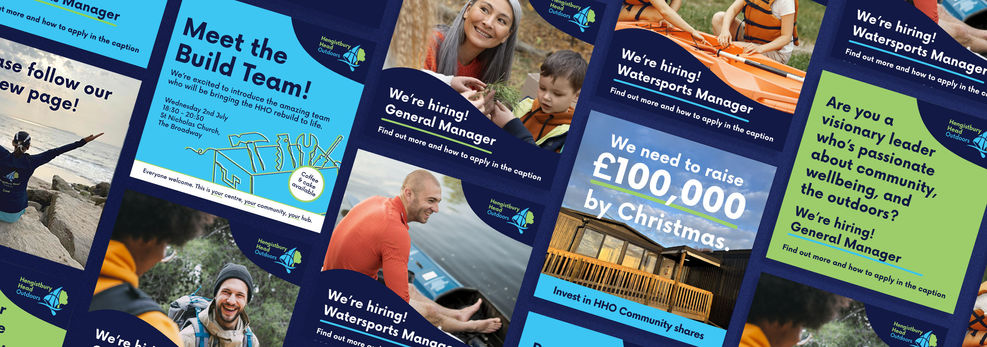 Social media posts laid out in grid on blue background