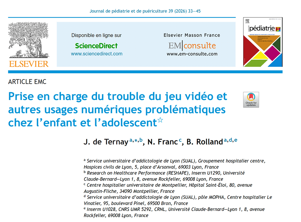 Nouvelle publication SUAL dans le Journal de Pédiatrie et de Puériculture: 𝑃𝑟𝑖𝑠𝑒 𝑒𝑛 𝑐ℎ𝑎𝑟𝑔𝑒 𝑑𝑢 𝑡𝑟𝑜𝑢𝑏𝑙𝑒 𝑑𝑢 𝑗𝑒𝑢 𝑣𝑖𝑑𝑒́𝑜 𝑒𝑡
𝑎𝑢𝑡𝑟𝑒𝑠 𝑢𝑠𝑎𝑔𝑒𝑠 𝑛𝑢𝑚𝑒́𝑟𝑖𝑞𝑢𝑒𝑠