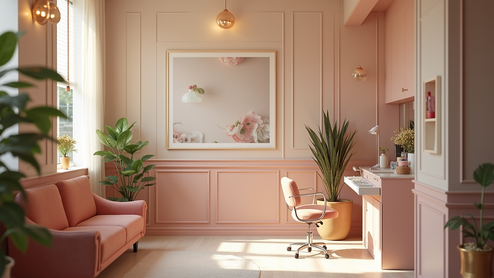 Eye-level view of a relaxing beauty salon interior with lash extension station