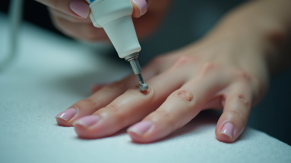 Eye-level view of a professional nail technician using an electric file on a nail