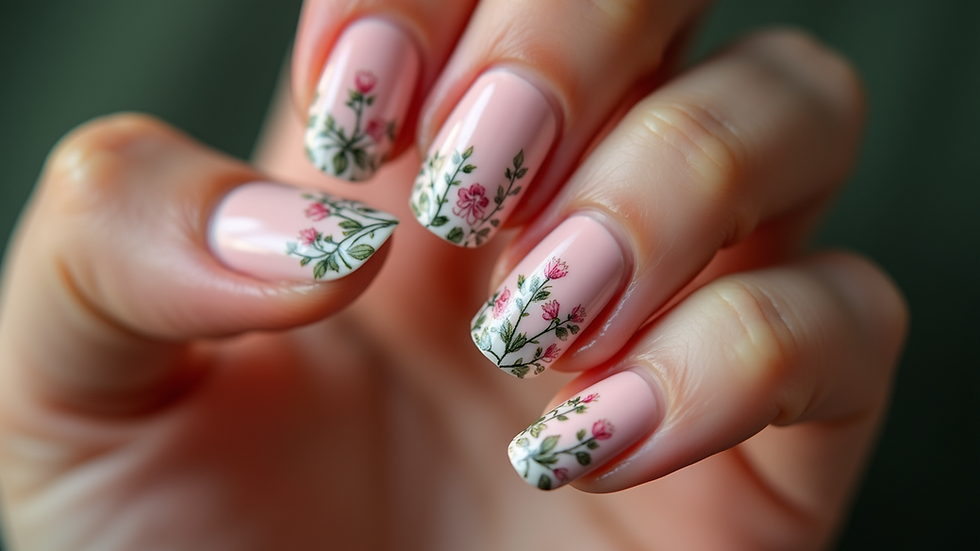 Close-up view of beautifully manicured nails with intricate floral designs