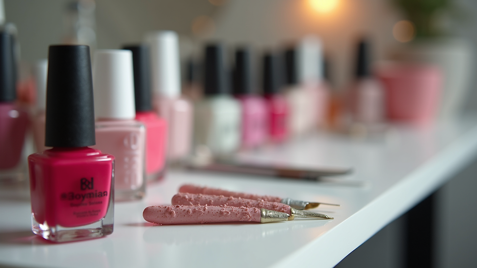 Eye-level view of a nail salon station with nail art tools and polish bottles