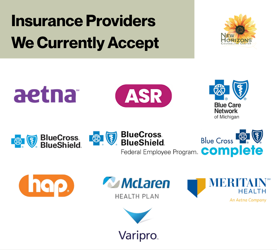 New Horizons Counseling Center graphic listing insurance providers currently accepted. Logos shown include: Aetna, ASR, Blue Care Network of Michigan, BlueCross BlueShield, BlueCross BlueShield Federal Employee Program, Blue Cross Complete, HAP, McLaren Health Plan, Meritain Health (an Aetna company), and Varipro.