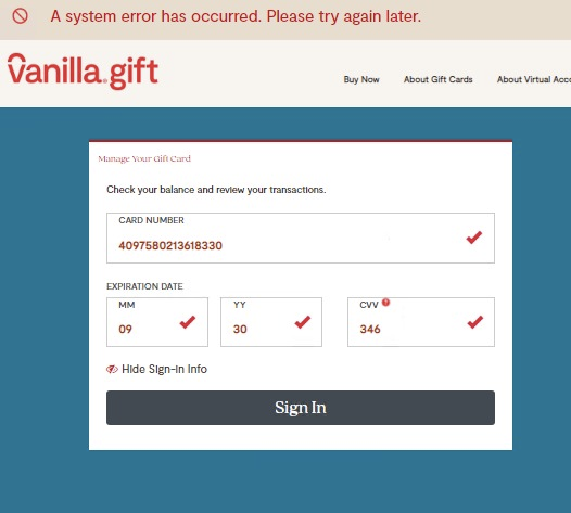 Vanilla gift card system error