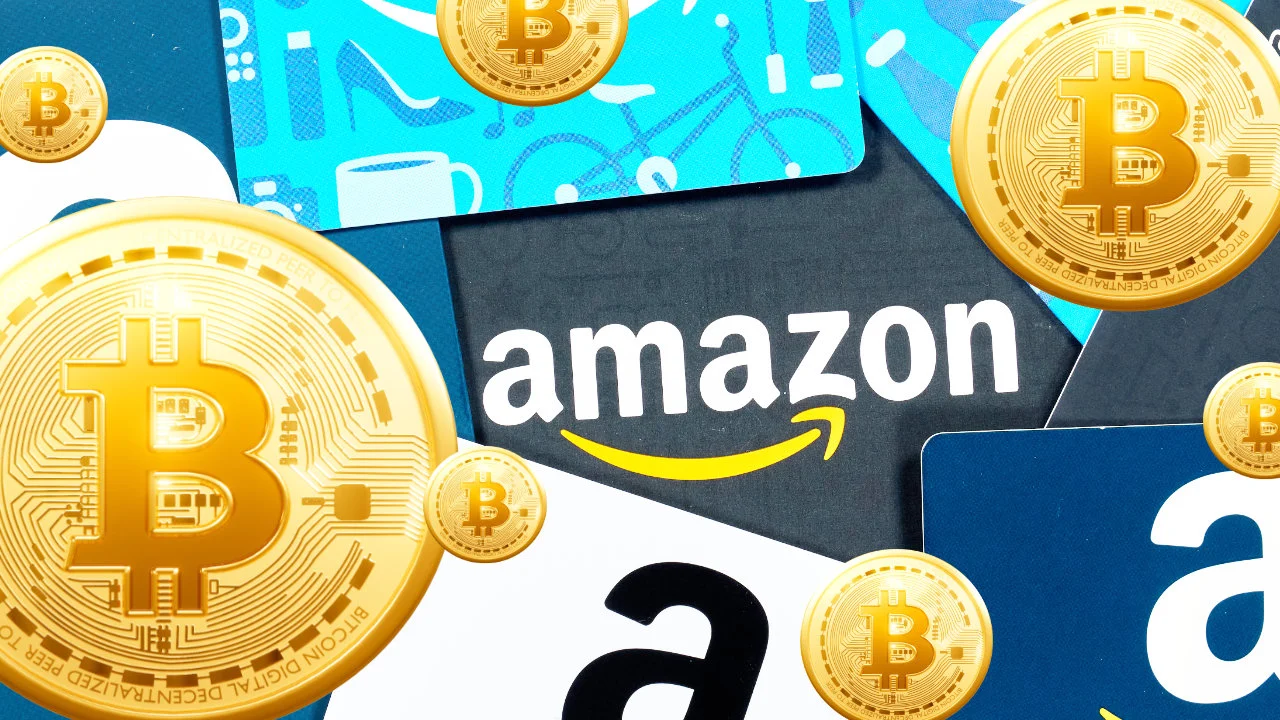 Amazon gift card and Bitcoin logo