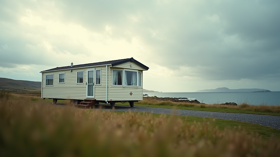 Eye-level view of a modern static caravan with a scenic Scottish coastline in the background