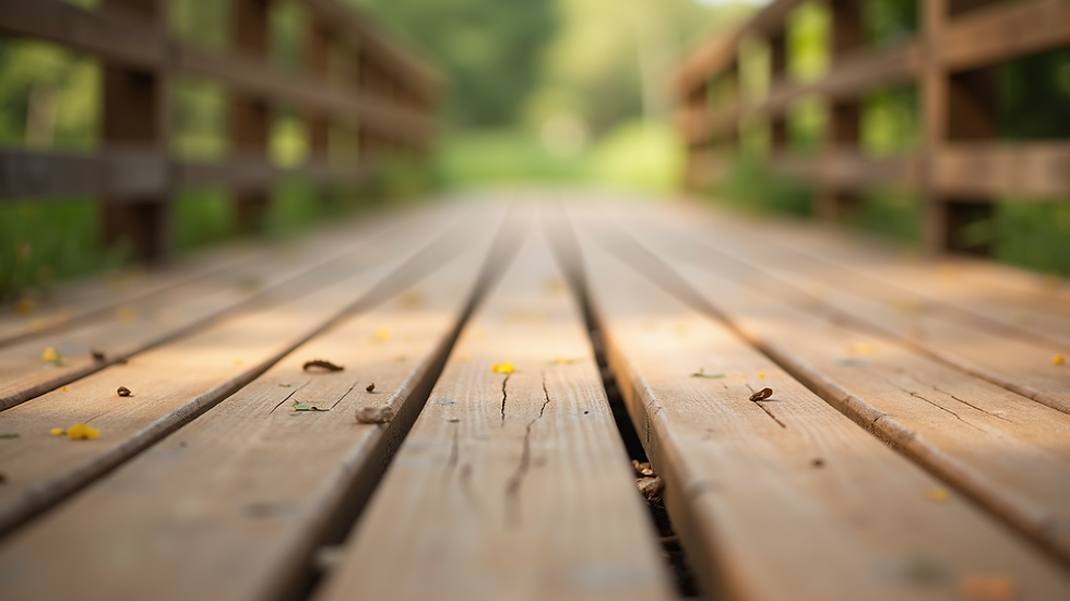 Eye-level view of wooden deck boards with natural grain